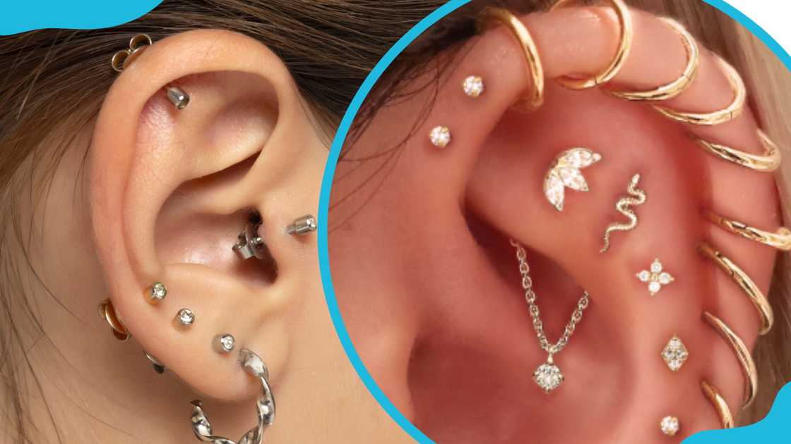A woman with a helix piercing with studs (L). A woman with a helix piercing with loops and studs (R) A woman with a helix piercing with studs (L). A woman with a helix piercing with loops and studs (R)