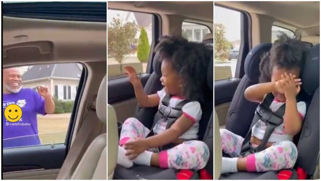 Emotional moment little girl sends goodbye to her grandpa, she doesn't want him to leave Emotional moment little girl sends goodbye to her grandpa, she doesn't want him to leave