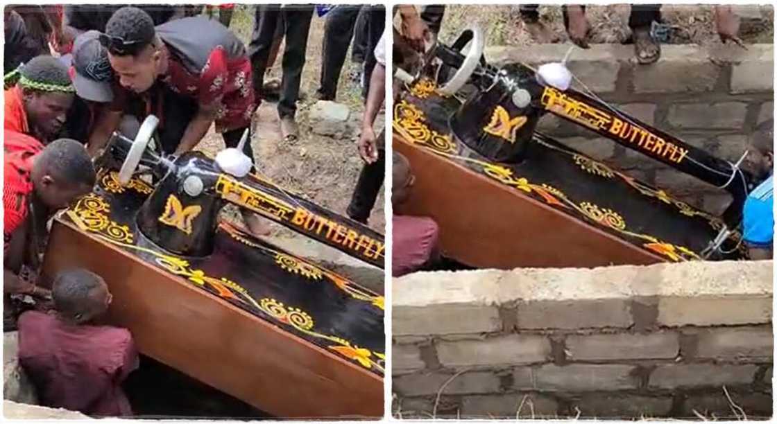 Photos of a coffin that looks like a sewing machine. Photos of a coffin that looks like a sewing machine.