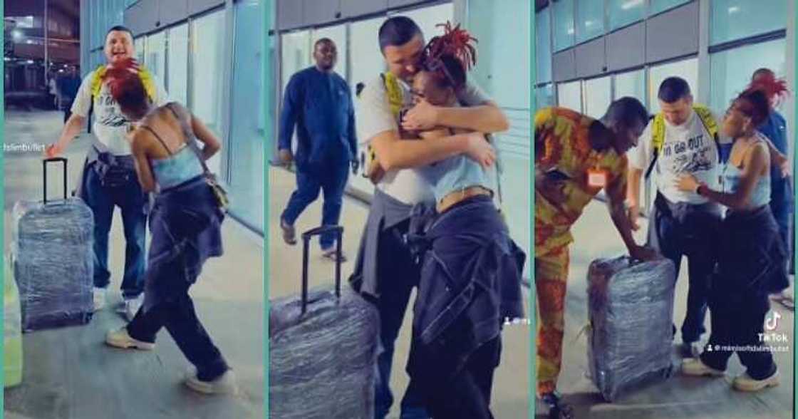 Lady over the moon as she meets oyinbo lover at airport Lady over the moon as she meets oyinbo lover at airport