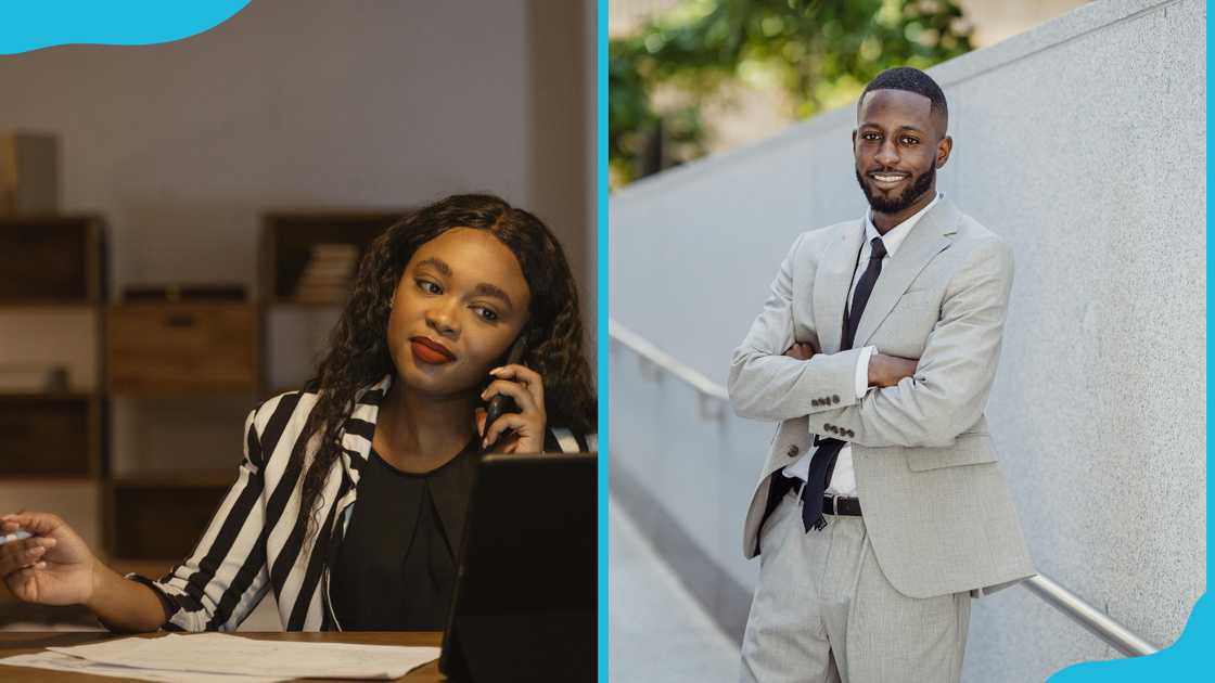 A woman on the phone while working on a computer and a man in a suit A woman on the phone while working on a computer and a man in a suit