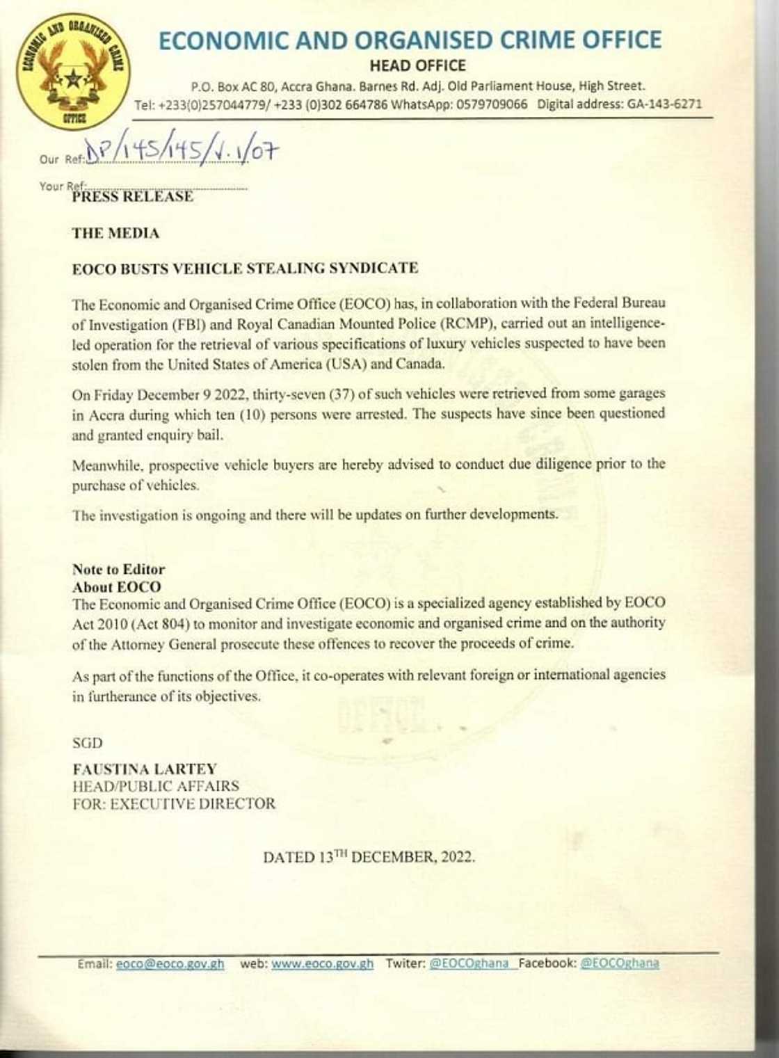 The EOCO statement disclosed that the FBI and Canadian security forces were part of the intelligence-led operation. The EOCO statement disclosed that the FBI and Canadian security forces were part of the intelligence-led operation.