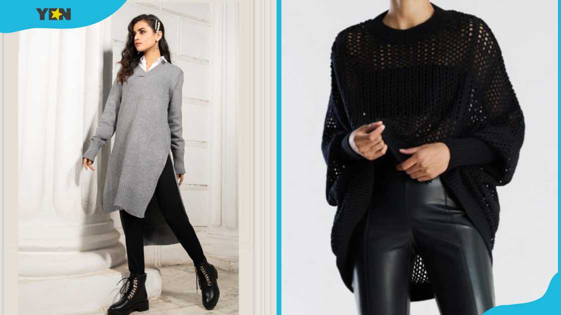 Women wearing high-low sweaters Women wearing high-low sweaters