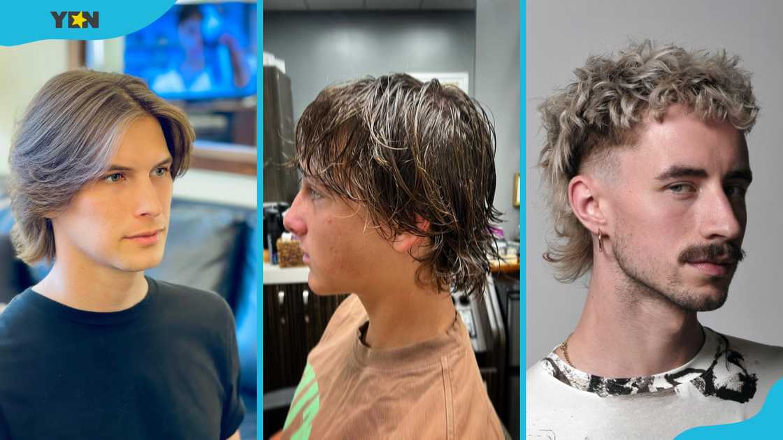 Curtain bhangs (L), surfer cut (M), and curly mullet (R) Curtain bhangs (L), surfer cut (M), and curly mullet (R)