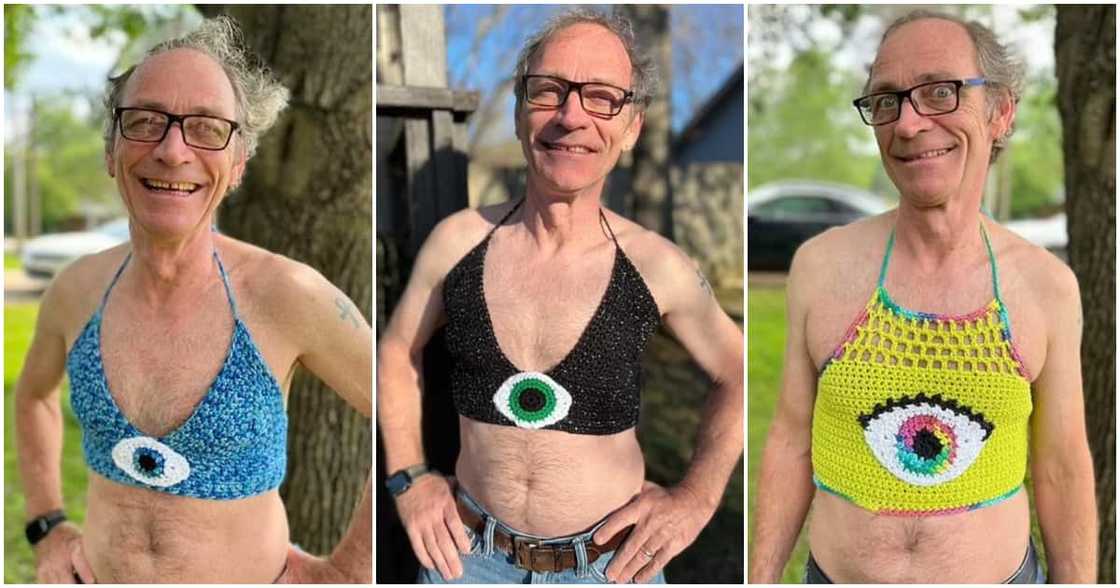 Jeff Beaver modelling her daughter's crochet designs.