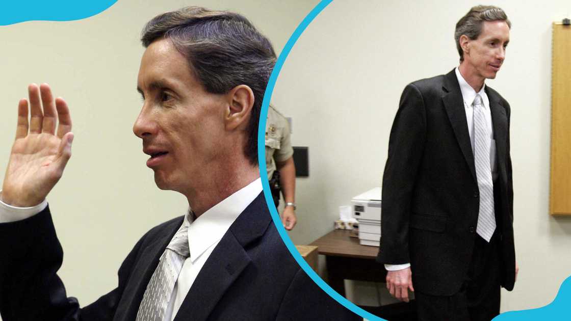 Warren Jeffs is sworn in during his preliminary hearing in St. George, and he is flanked by police as he enters the courtroom for his preliminary hearing