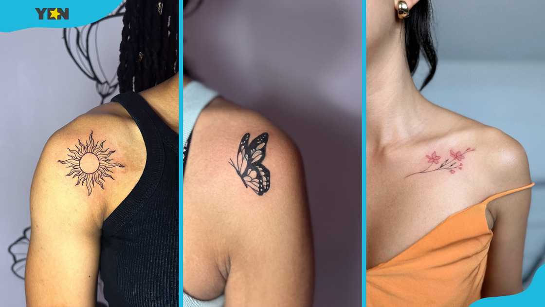 Sun tattoo (L), butterfly tattoo (M), and cherry blossom tattoo (M) Sun tattoo (L), butterfly tattoo (M), and cherry blossom tattoo (M)
