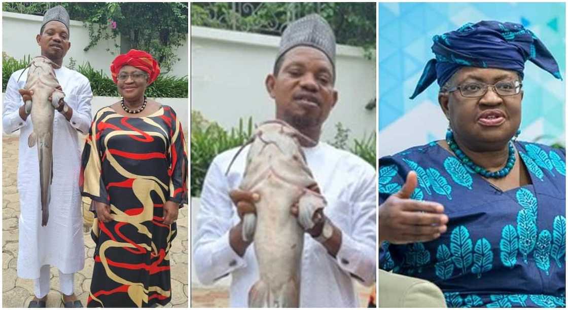 Dr Ngozi Okonjo Iweala and Ahmed Sani Nnaji who is holding a big cat fish.