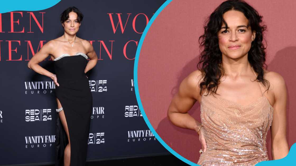 Michelle Rodriguez in a black (L) and champagne (R) dress