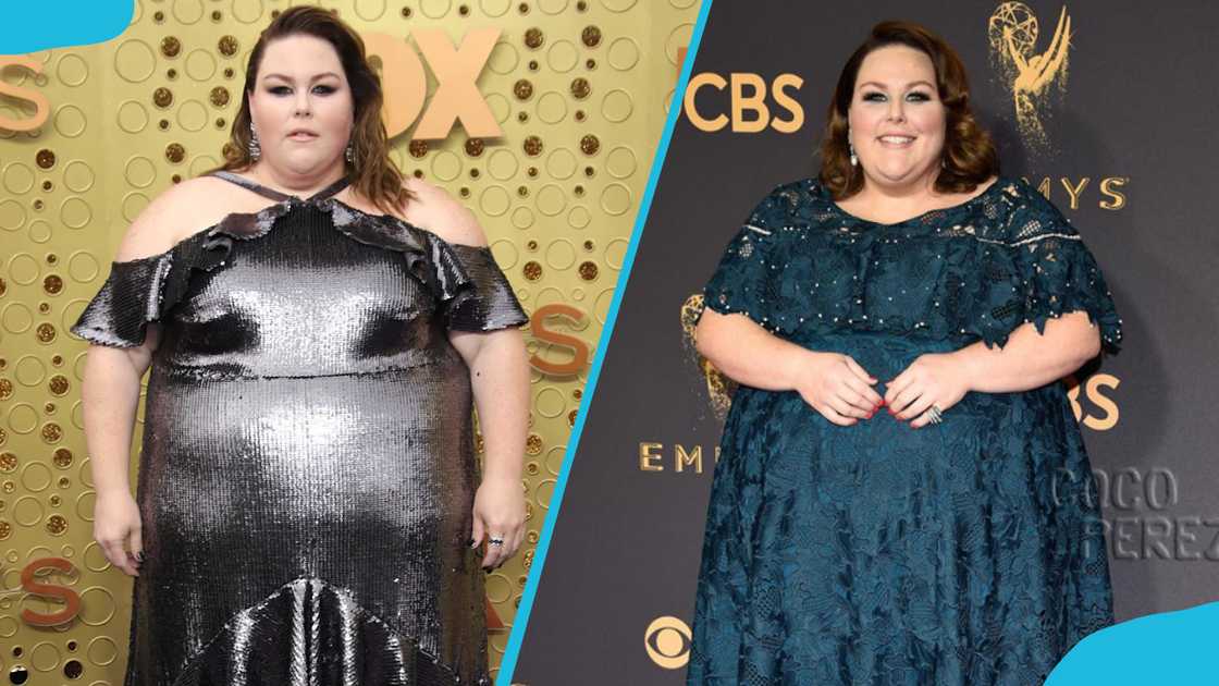 Chrissy Metz in black and turquoise blue dresses