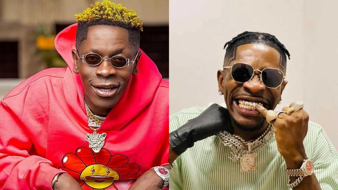 Shatta Wale in a red hoodie and in a green-striped tee Shatta Wale in a red hoodie and in a green-striped tee
