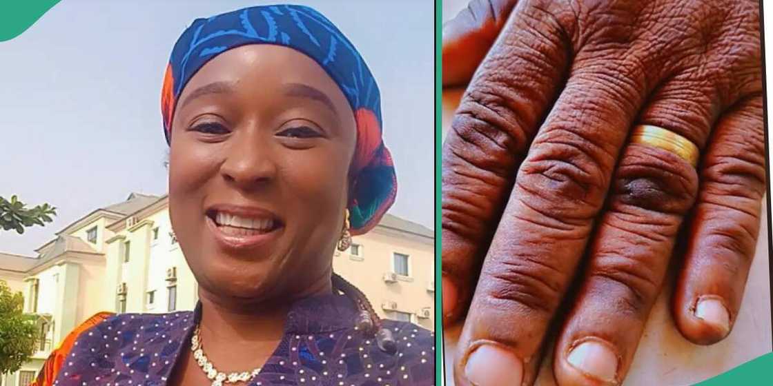 Lady shows her mother's wedding ring.