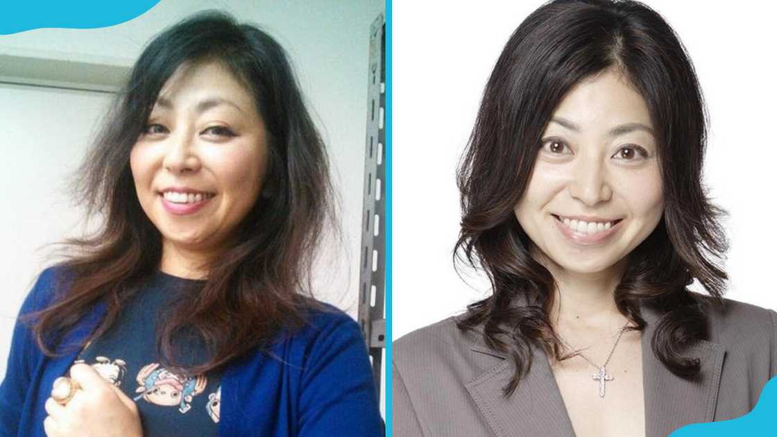 Akemi Okamura is leaning against a metal stand (L). She is in a room (R)