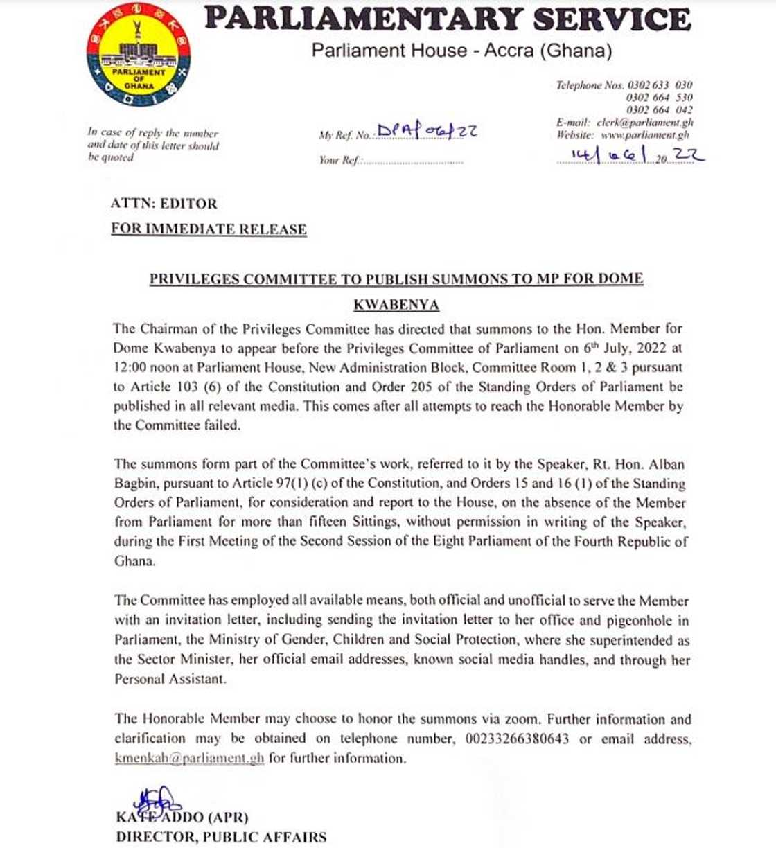 Adwoa Safo's public summons Adwoa Safo's public summons