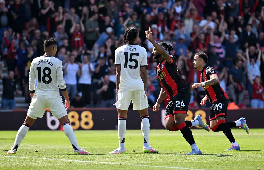 Antoine Semenyo of AFC Bournemouth celebrates scoring his team's first goal during the Premier League match between AFC Bournemouth and Manchester United FC at Vitality Stadium on April 27, 2025 in Bournemouth, England Antoine Semenyo of AFC Bournemouth celebrates scoring his team's first goal during the Premier League match between AFC Bournemouth and Manchester United FC at Vitality Stadium on April 27, 2025 in Bournemouth, England