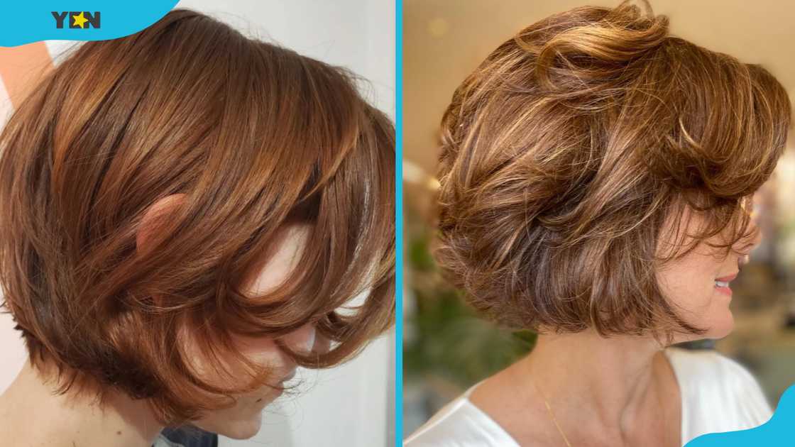 Auburn butterfly haircut (L). Warm-toned bronde butterfly haircut (R) Auburn butterfly haircut (L). Warm-toned bronde butterfly haircut (R)