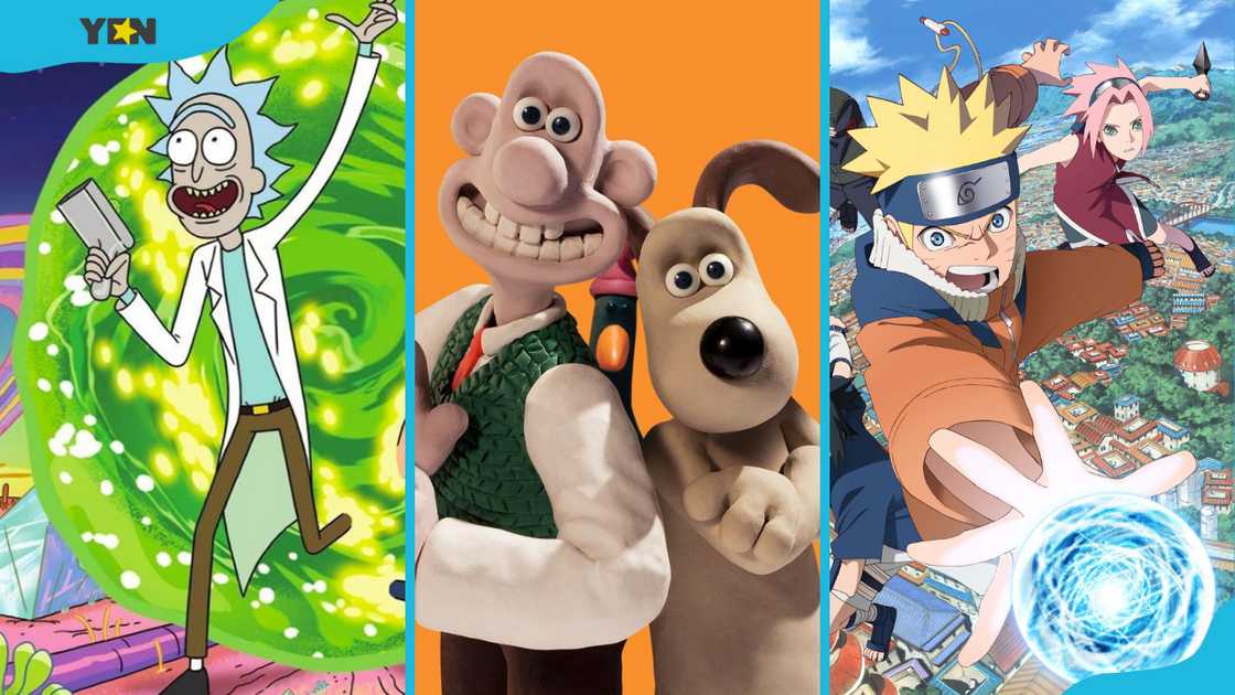 Rick and Morty (2D vector-based animation), Wallace and Gromit (claymation), and Naruto (Japanese anime). Rick and Morty (2D vector-based animation), Wallace and Gromit (claymation), and Naruto (Japanese anime).