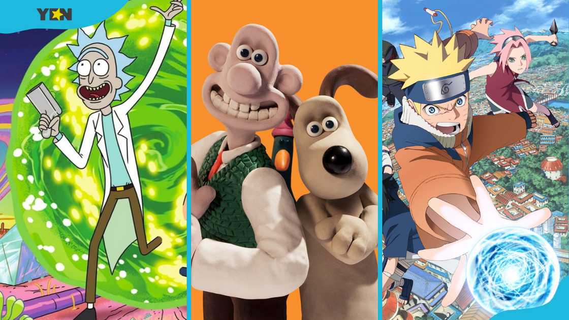 Rick and Morty (2D vector-based animation), Wallace and Gromit (claymation), and Naruto (Japanese anime).