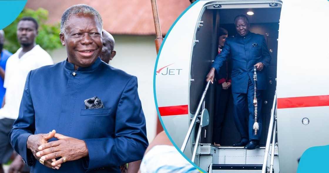 Otumfuo Osei Tutu II, the Asantehene, King of the Asante kingdom, Prempeh International Airport, Adowa dance.