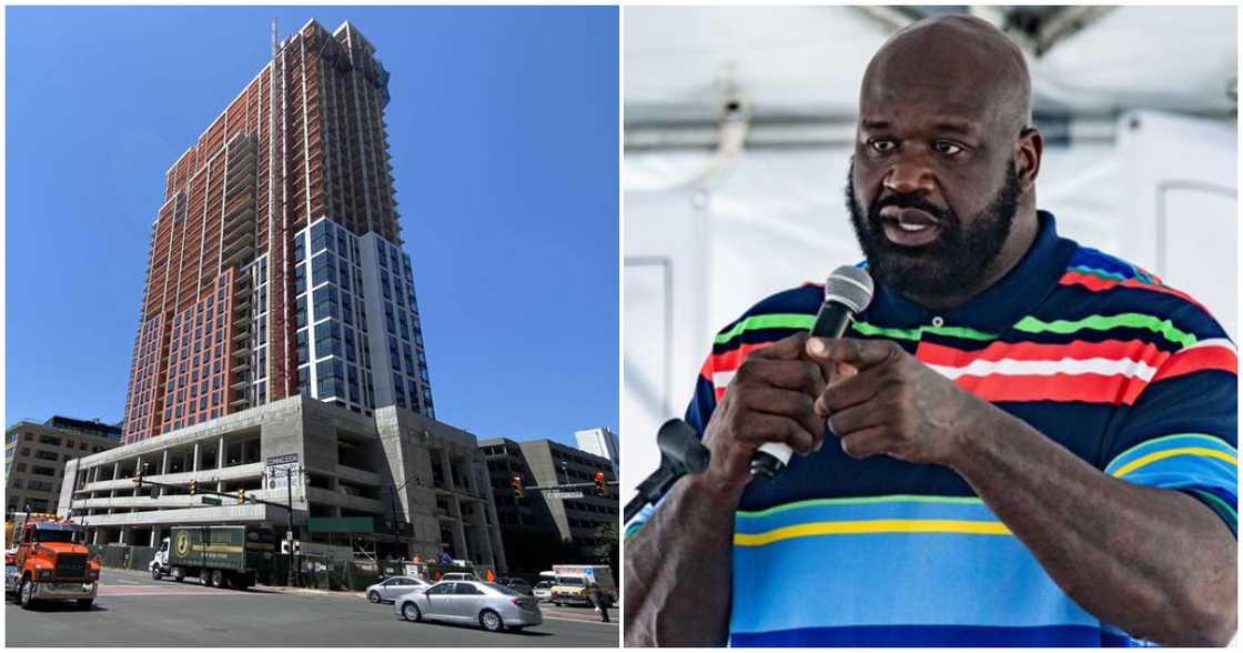 Shaquille O'Neal speaking at the topping off ceremony