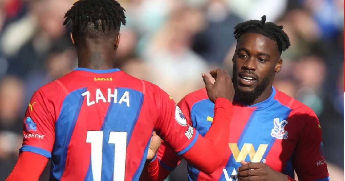 Jeffrey Schlupp and Crystal Palace teammate Wilfried Zaha. SOURCE: Twitter/ @CPFC