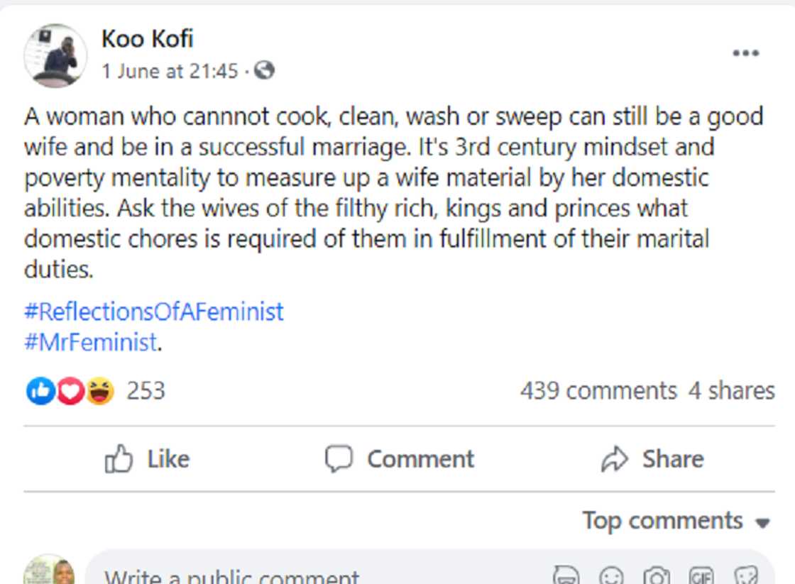 A lady who can't cook, clean & wash can still be a good wife -GH man causes stir A lady who can't cook, clean & wash can still be a good wife -GH man causes stir