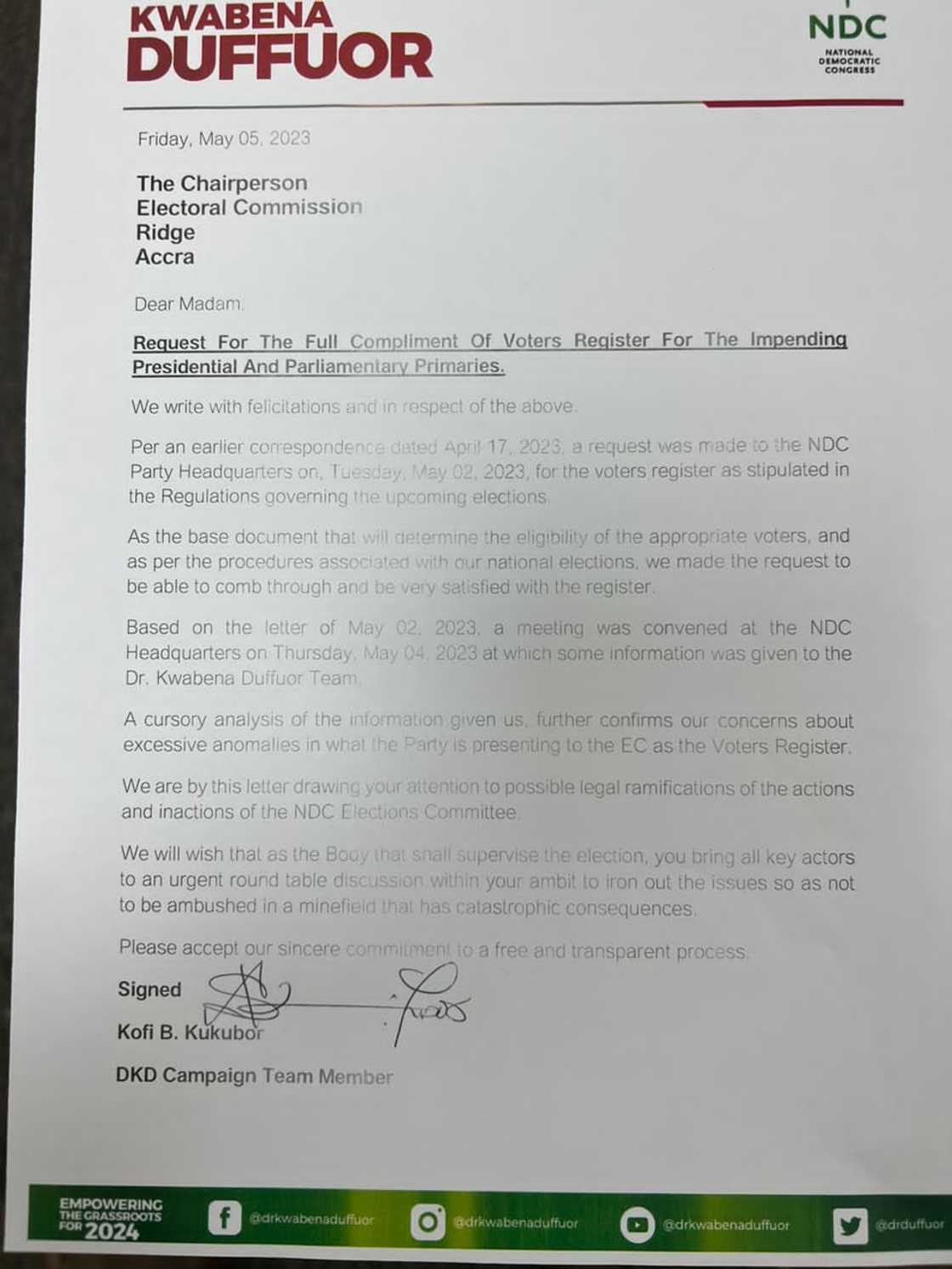 Duffuor campaign's letter to the EC calling for a postponement of the primaries. Duffuor campaign's letter to the EC calling for a postponement of the primaries.