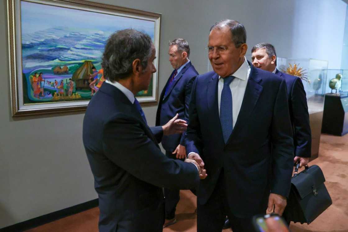 In this handout photo by Russia's foreign ministry, Russian Foreign Minister Sergei Lavrov (R) meets with IAEA chief Rafael Grossi on the sidelines of the UN General Assembly to discuss safety at Ukraine nuclear facilities In this handout photo by Russia's foreign ministry, Russian Foreign Minister Sergei Lavrov (R) meets with IAEA chief Rafael Grossi on the sidelines of the UN General Assembly to discuss safety at Ukraine nuclear facilities