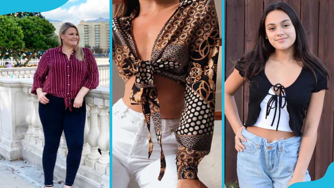 Different women in different designs of tie front tops. Different women in different designs of tie front tops.