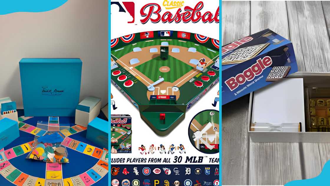 Trivial Pursuit (L), Swift Meats Major League Baseball F162 (C) Boggle (R).