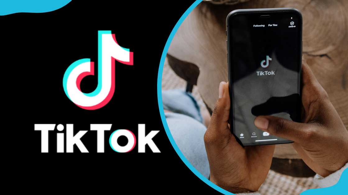 The TikTok logo and a person holding a black android phone is opening the TikTok app The TikTok logo and a person holding a black android phone is opening the TikTok app
