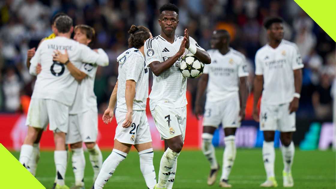 Vinicius Junior and his Real Madrid teammates celebrate their epic fightback victory against Dortmund in the Champions League.