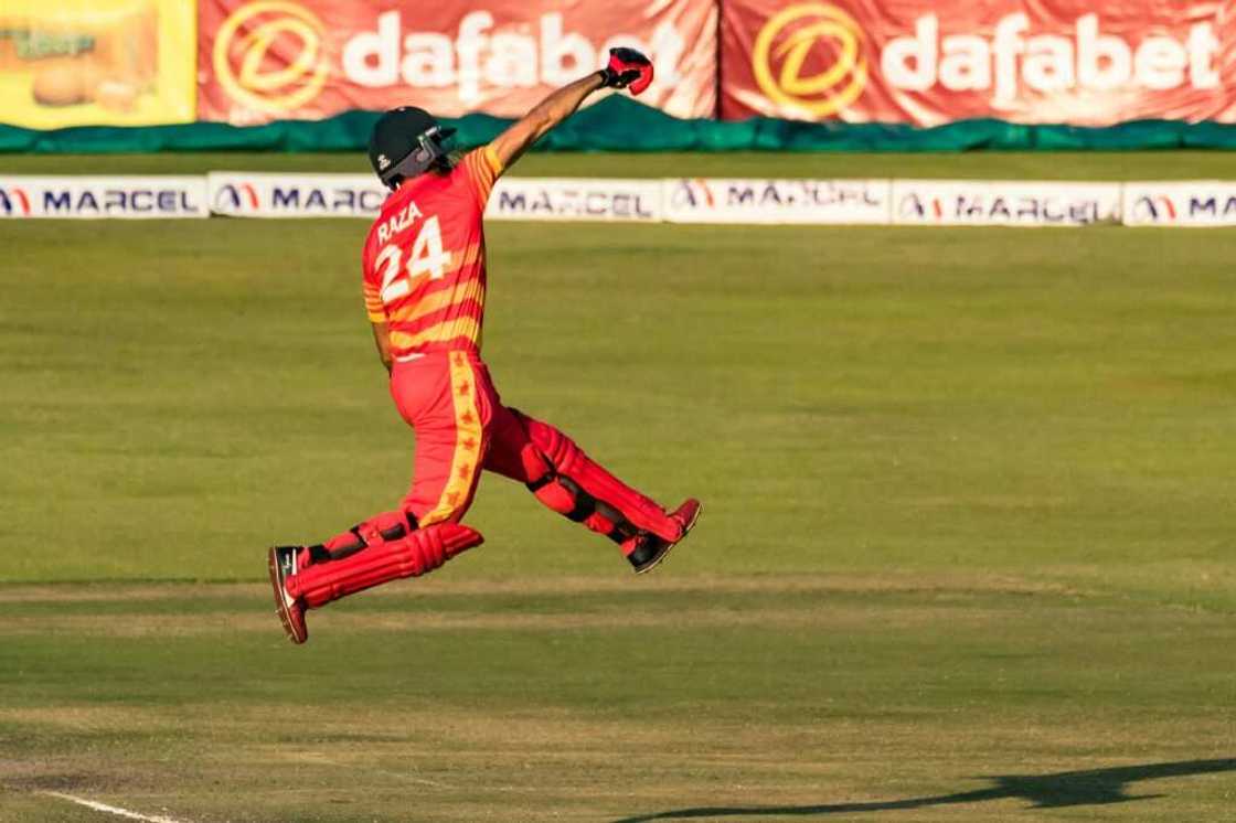 Sikandar Raza celebrates scoring a century for Zimbabwe during a one-day international against Bangladesh in Harare on August 5, 2022. Sikandar Raza celebrates scoring a century for Zimbabwe during a one-day international against Bangladesh in Harare on August 5, 2022.