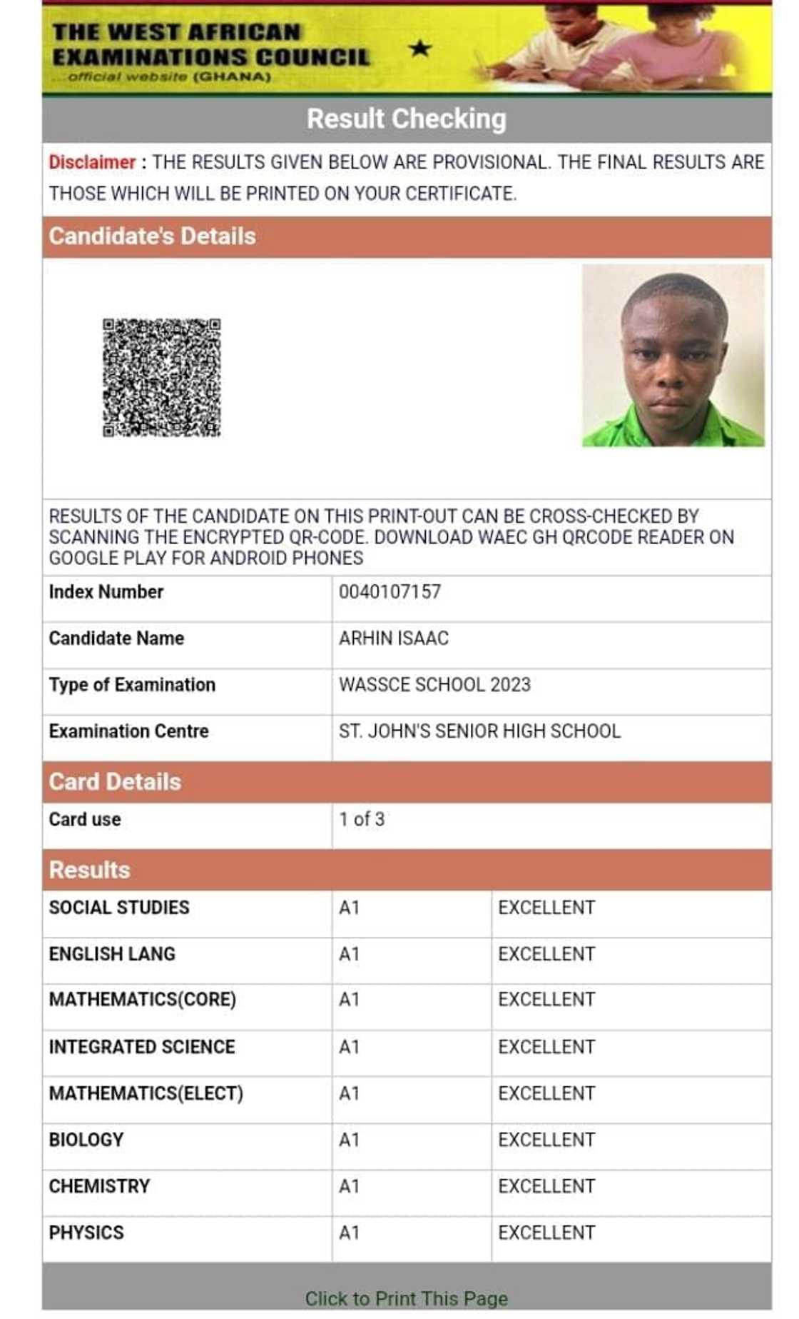 Photo of Arhin Isaac's WASSCE results. Photo of Arhin Isaac's WASSCE results.
