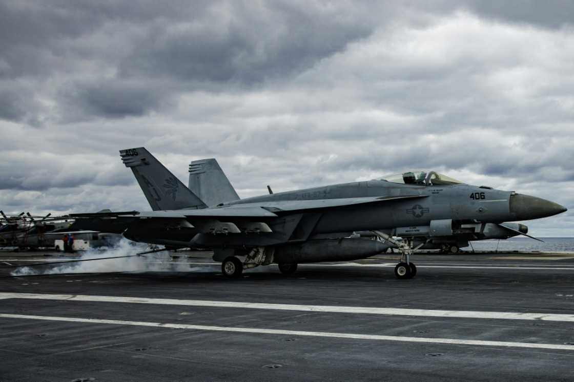 An F/A-18E Super Hornet on the USS Gerald Ford aircraft carrier