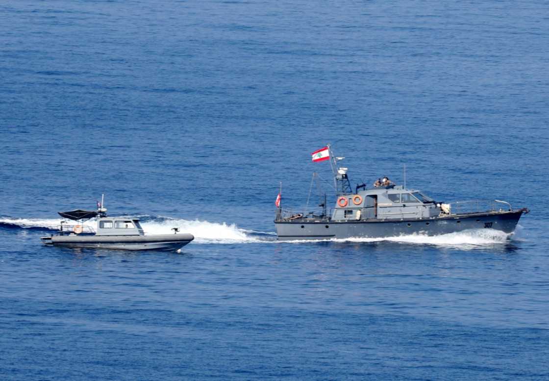Lebanese navy boats patrol Mediterranean waters off Naqura Lebanese navy boats patrol Mediterranean waters off Naqura