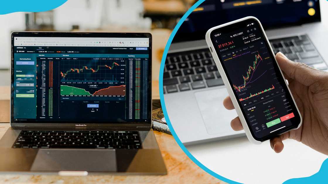 A laptop and phone screen showing forex trade live A laptop and phone screen showing forex trade live