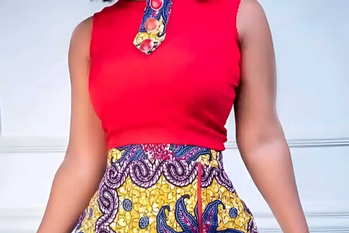 A woman with a textured red top A woman with a textured red top