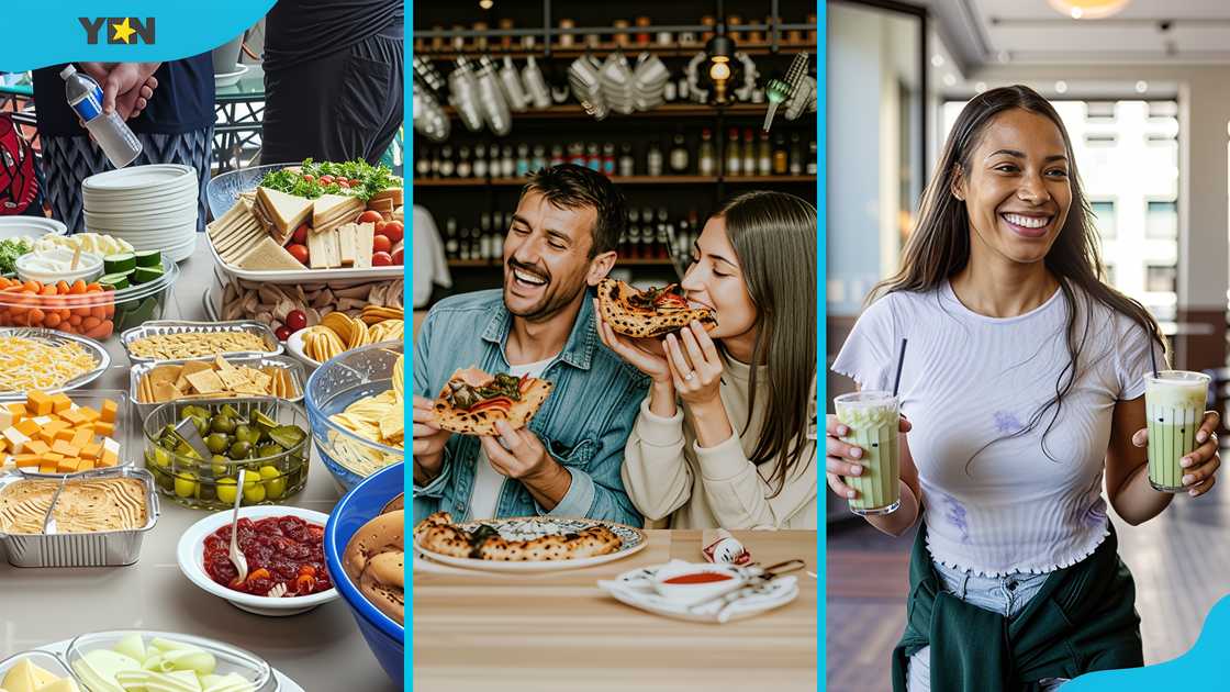 International potluck, Gourmet pizza night, and Self-serve drinks International potluck, Gourmet pizza night, and Self-serve drinks