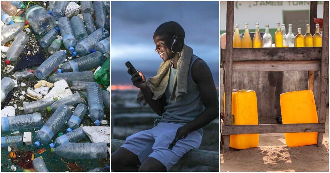 Photo of plastic waste, fuel and happy man as UG make innovative invention Photo of plastic waste, fuel and happy man as UG make innovative invention