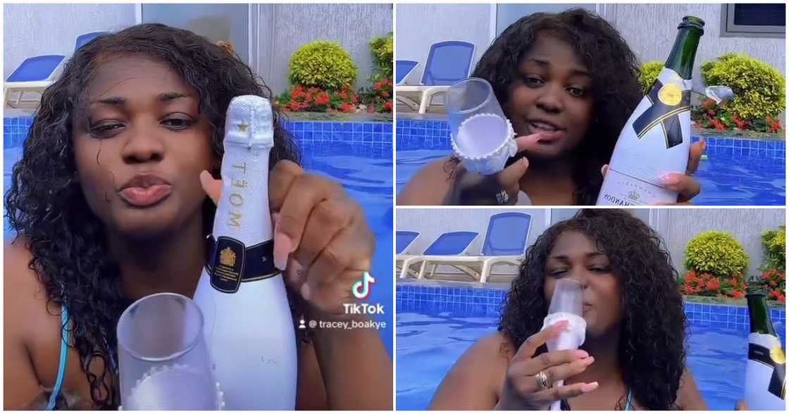 Tracey Boakye wears a swimsuit in a pool