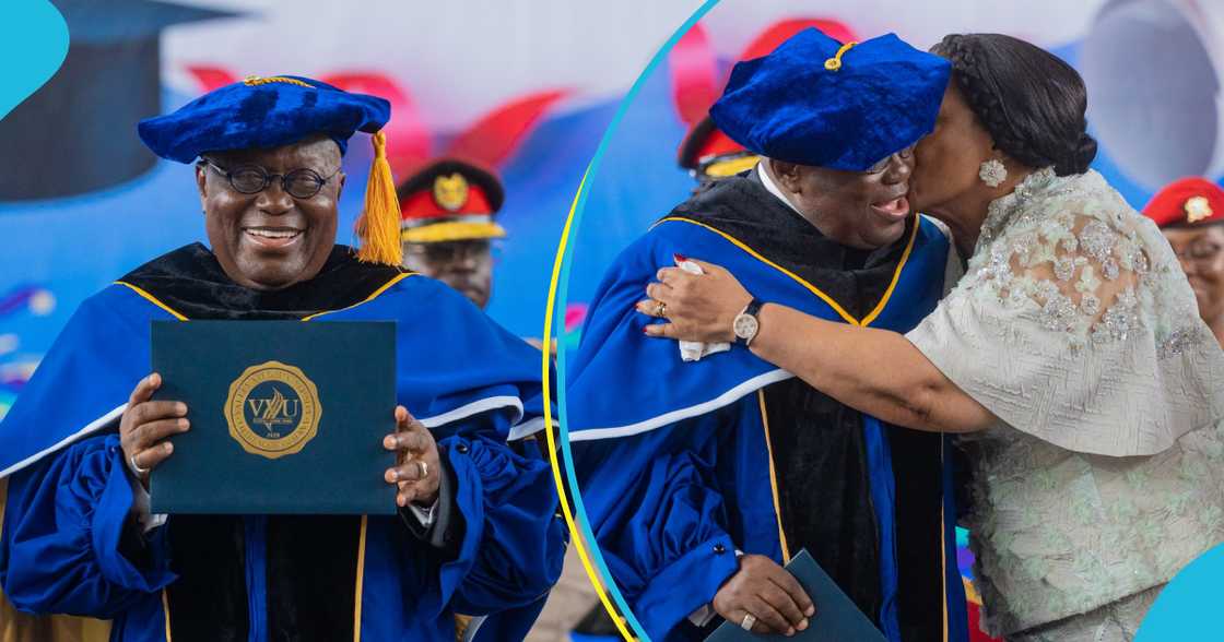 President Nana Akufo-Addo receives his honorary degree from Valley View University and is congratulated by his wife, Rebecca.