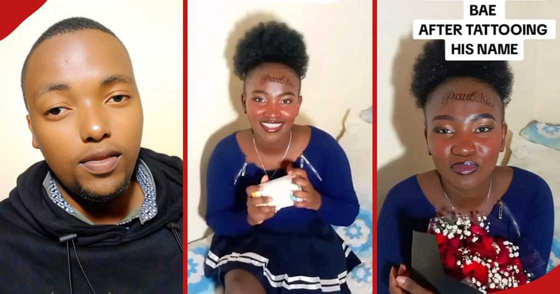 The first frame from the left shows a selfie of Paul Kibe. The other two frames show Lizah Njeri happily receiving gifts from Paul. The first frame from the left shows a selfie of Paul Kibe. The other two frames show Lizah Njeri happily receiving gifts from Paul.