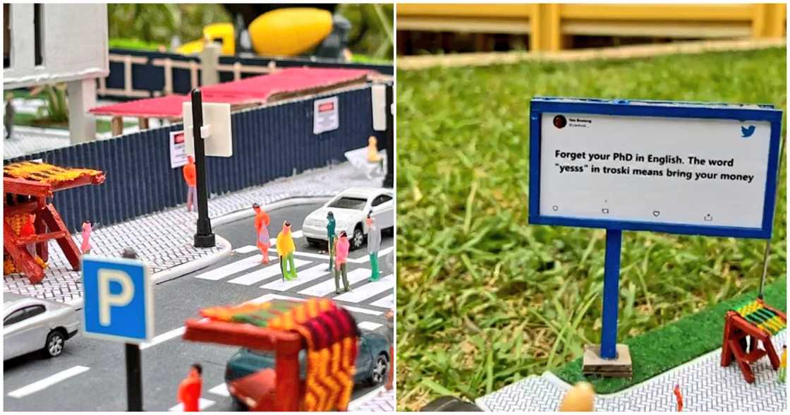 Yaw's architecture depictsts an economic street and a billboard Yaw's architecture depictsts an economic street and a billboard