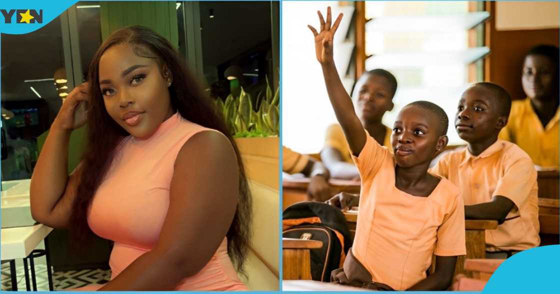 Photo of a young Ghanaian lady and basic schools students Photo of a young Ghanaian lady and basic schools students