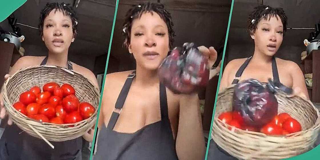 Lady cries out after buying tomatoes and pepper at market Lady cries out after buying tomatoes and pepper at market