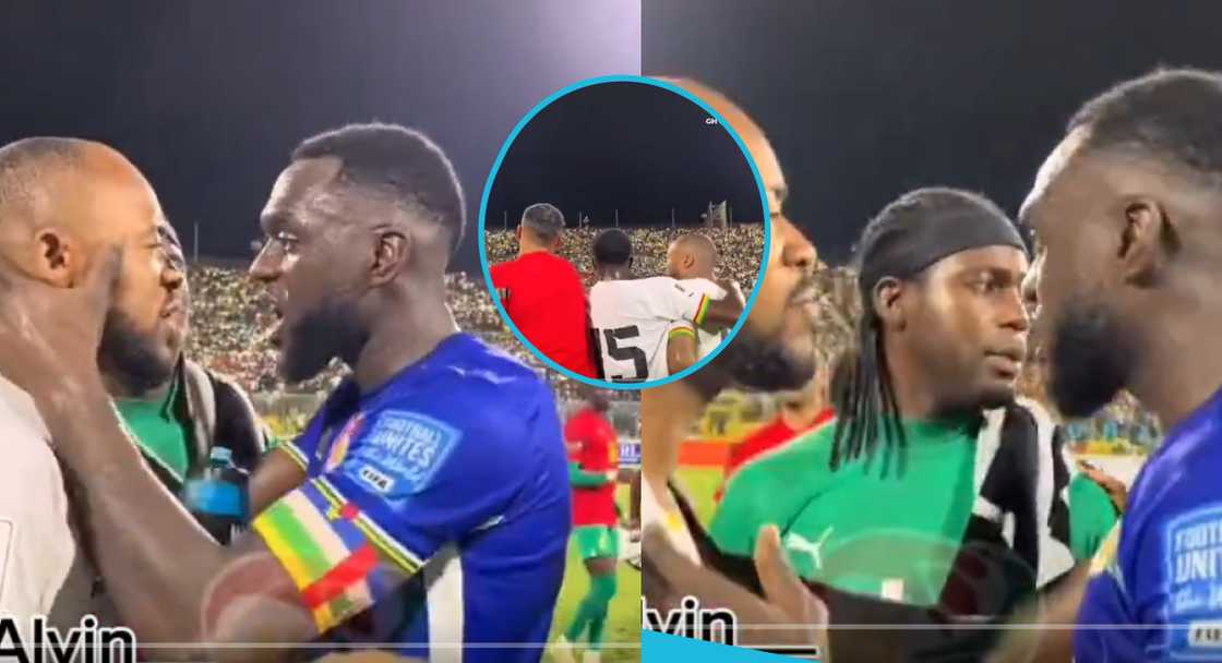 Jordan Ayew and captain of the CAR team in a heated argument after the World Cup qualifiers game. Jordan Ayew and captain of the CAR team in a heated argument after the World Cup qualifiers game.