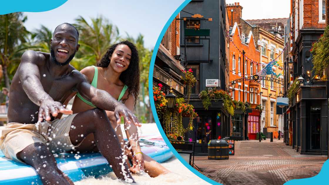 Happy couples having fun (L) and the Carnaby Street, London, UK (R) Happy couples having fun (L) and the Carnaby Street, London, UK (R)