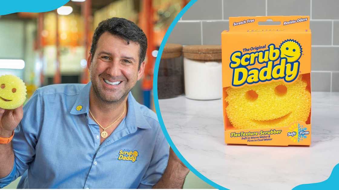 Aaron Krause, Scrub Daddy’s founder, is pictured smiling while holding a Scrub Daddy scrubber and a picture of a scrubber