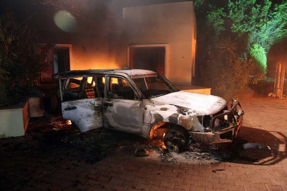A vehicle and buildings of the US consulate compound in Benghazi, Libya, after the 2012 attack by Ansar al-Sharia A vehicle and buildings of the US consulate compound in Benghazi, Libya, after the 2012 attack by Ansar al-Sharia